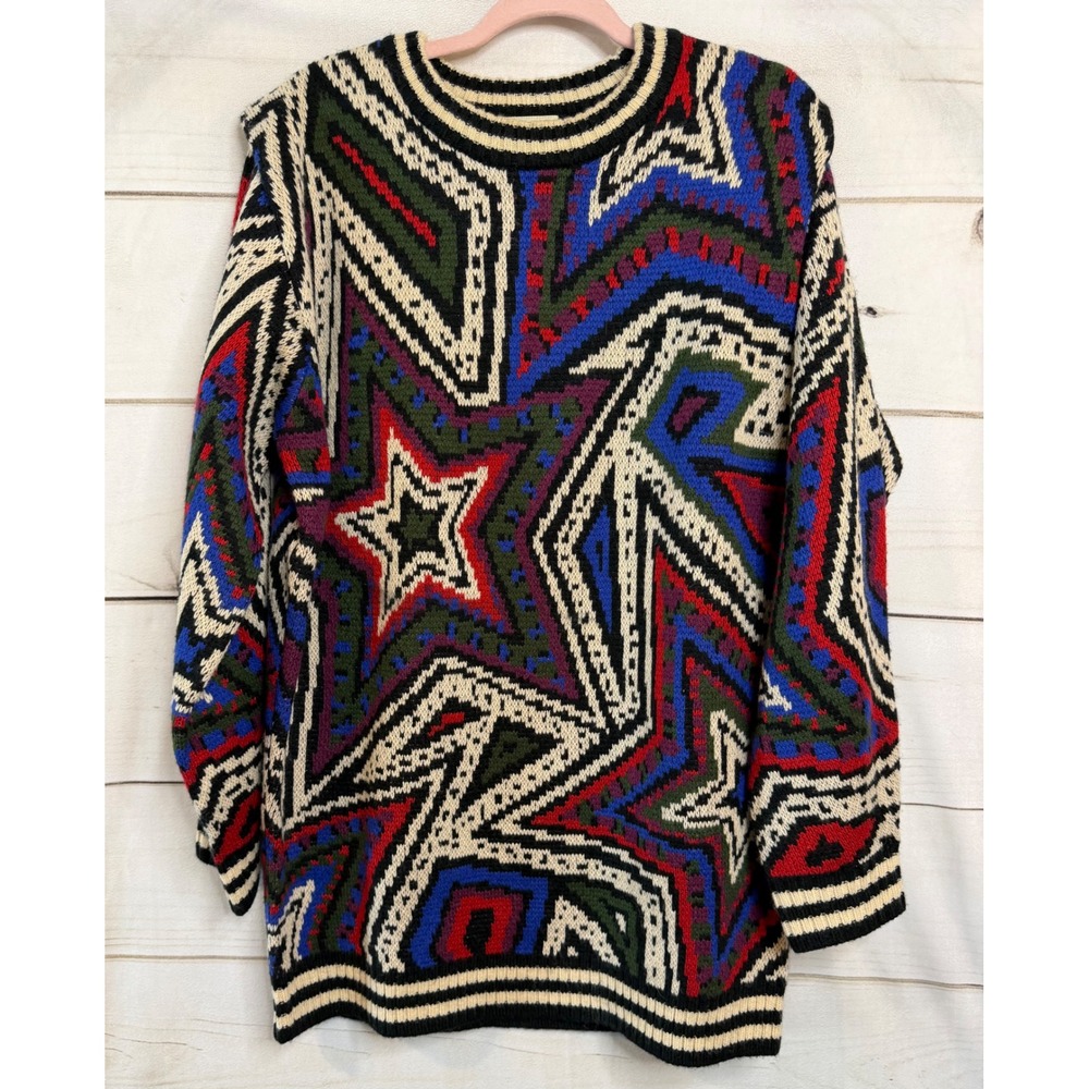 Farm Rio Geometric Star Knit Sweater Multicolor Wool Blend Crewneck Small